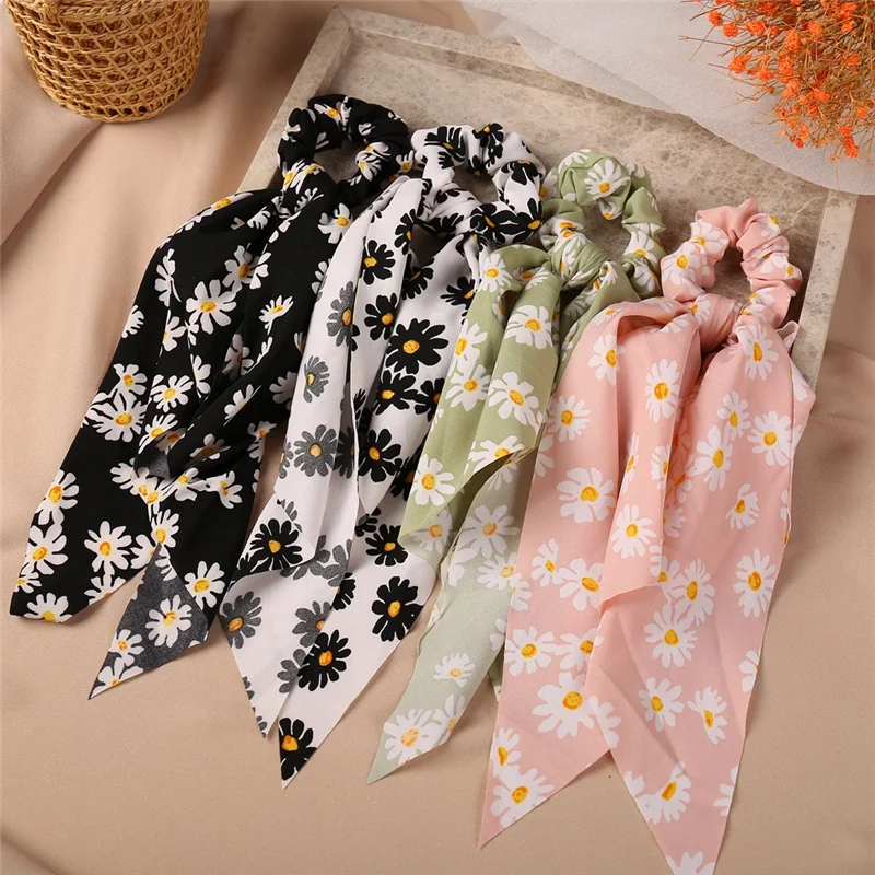 Bohemian Fashion Flower Printed Satin Elastic Long Ribbon Hair Bands Ponytail Scarf Hair Tie Women Scrunchies Hair Accessories