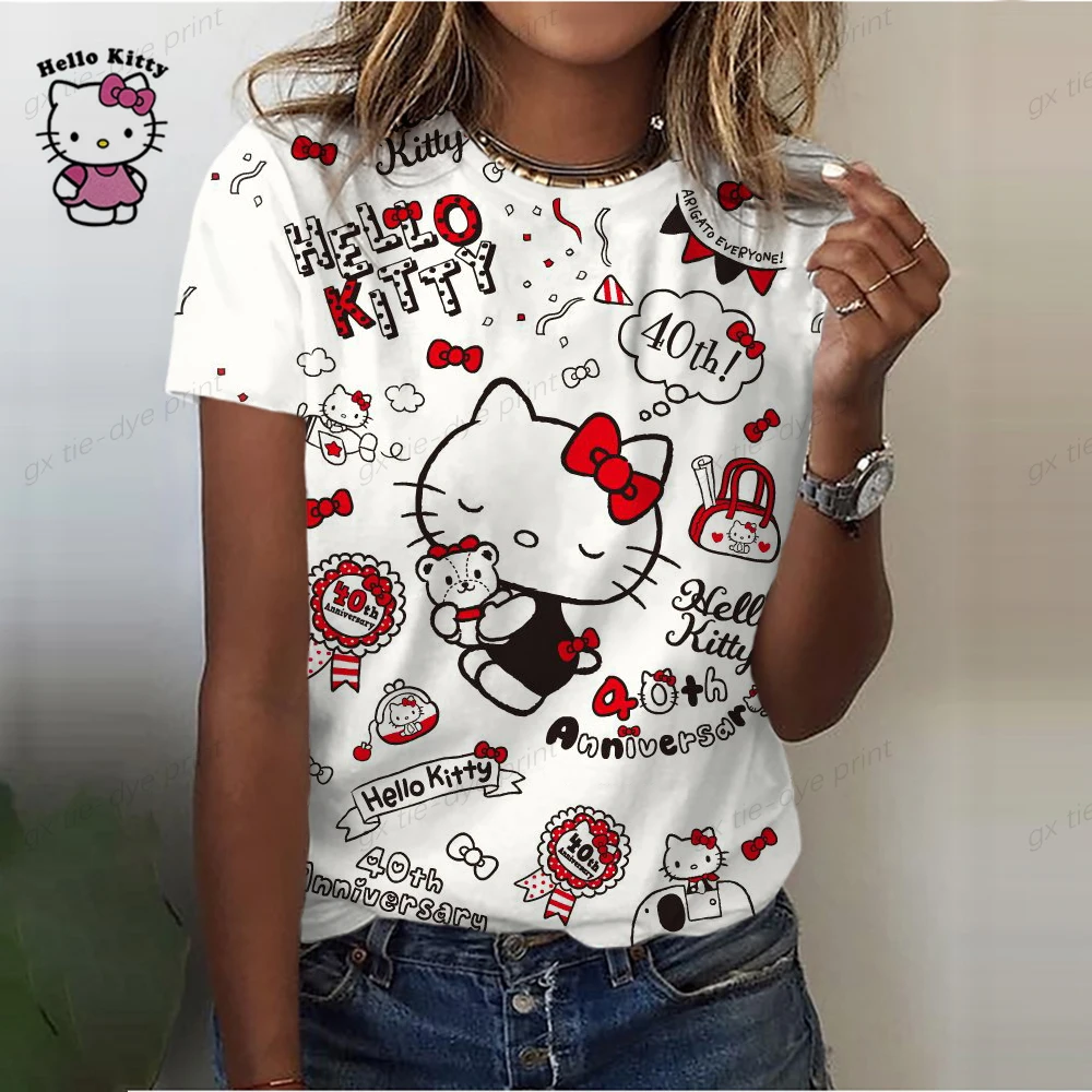 

Женская футболка с принтом Hello Kitty, летняя Милая модная повседневная футболка с коротким рукавом и круглым вырезом, забавная женская одежда