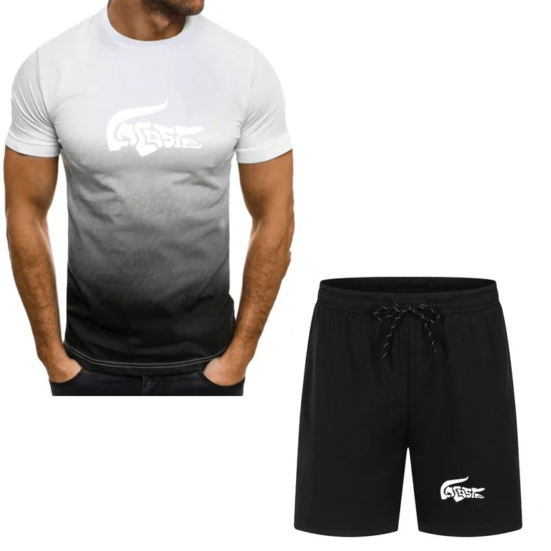 Hot selling summer T-shirt+shorts 2-piece set for men's casual fitness jogging sportswear, hip-hop breathable short sleeved set