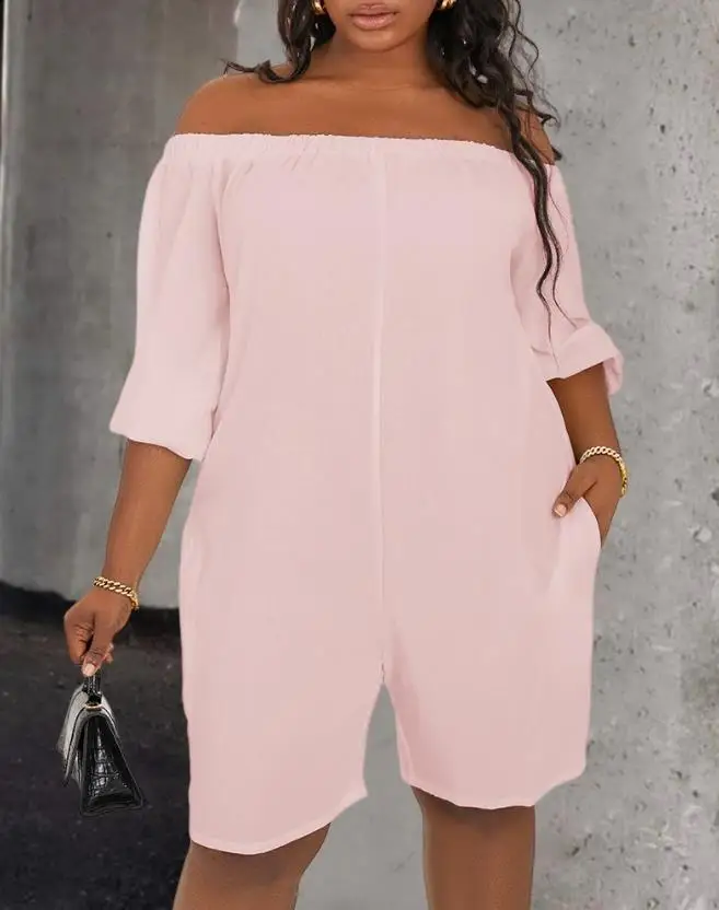 Women's short jumpsuit 2024 summer new women's casual solid color off shoulder pocket design casual jumpsuit