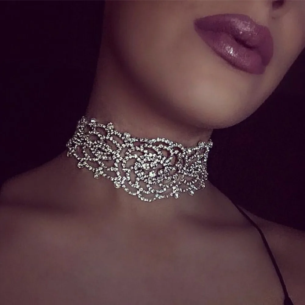 Sexy Luxury Hollow Rhinestone Crystal Choker Necklace Elegant Wedding Jewelry Accessories For Women Chocker #228747