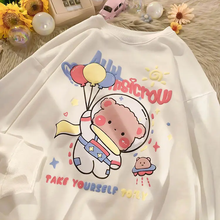 Space Bear Printing Cute Loose Hoodies Oversized Sweatshirt Women Long Sleeve Harajuku Y2K Clothes Spring Pullovers Fashion