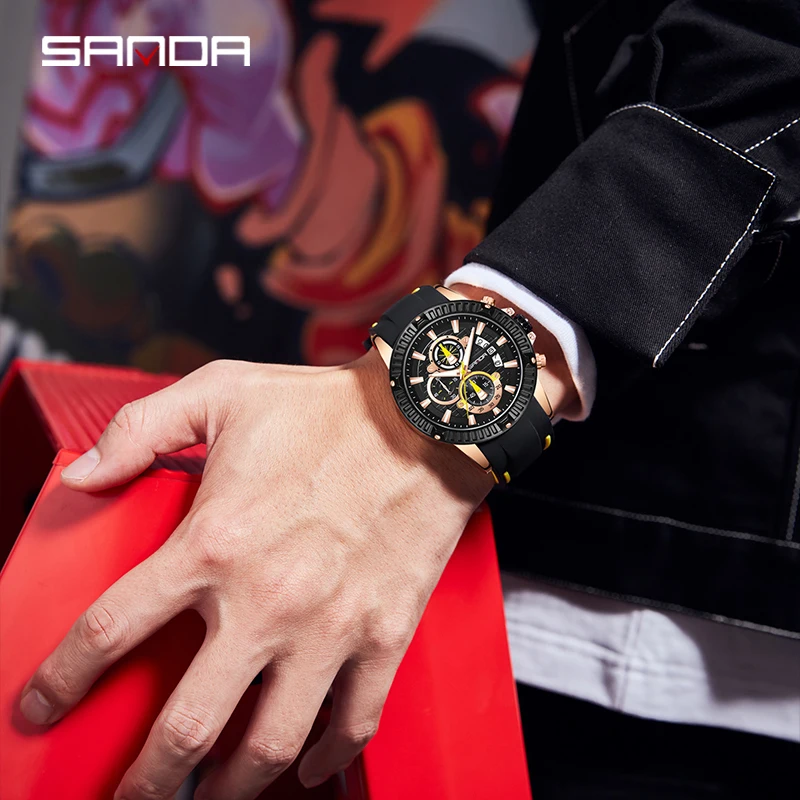 Three Eyes Six Needles Men's Wrist Watches Silicone Strap Waterproof Calendar Multifunctional Sports Quartz Watches For Men's