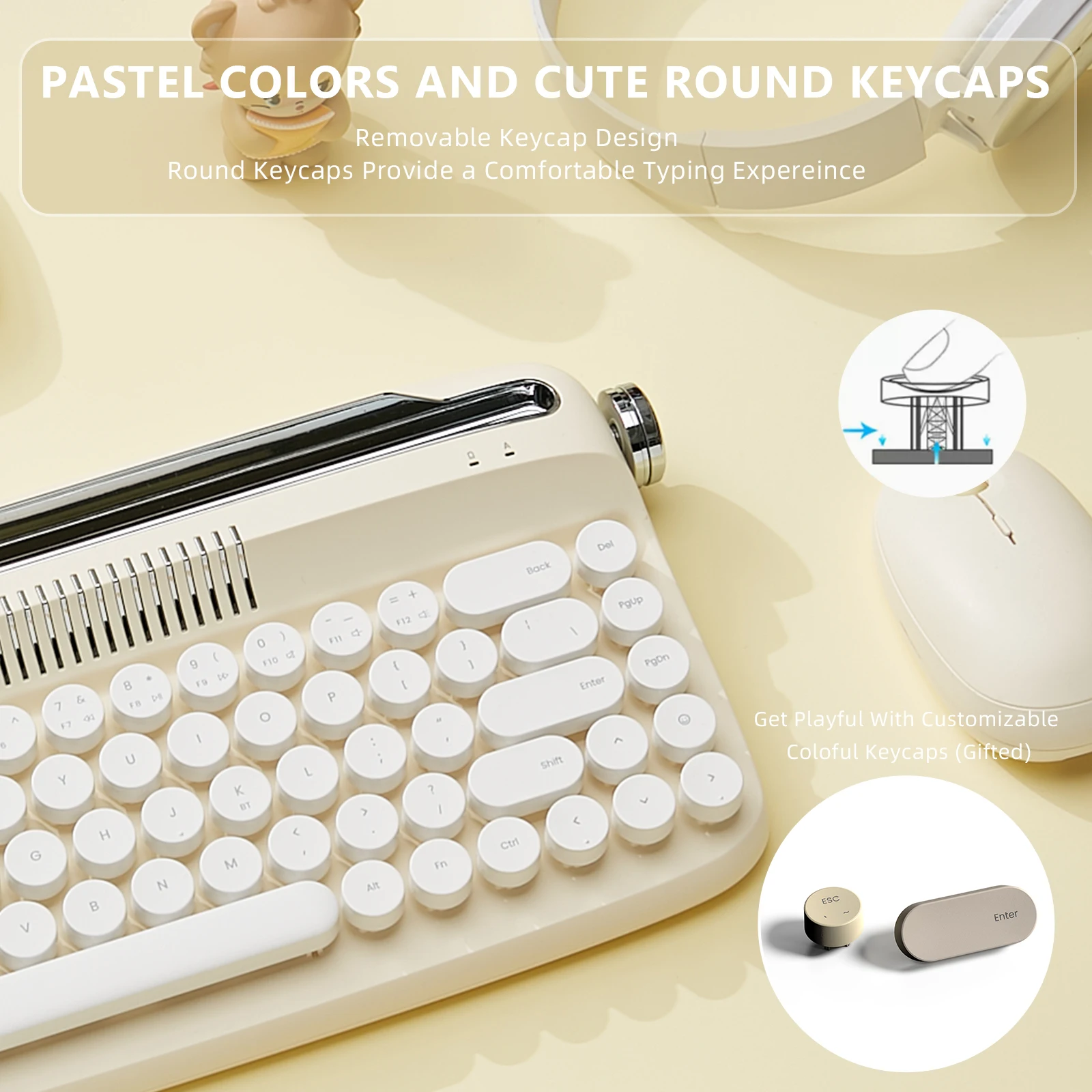 Yunzii-teclado de Máquina de Escrever Retro Manteiga de Marfim B307 sem Fio Atualizado Usb-c Bluetooth Suporte Integrado Bonito Teclas Redondas - Imagem 4