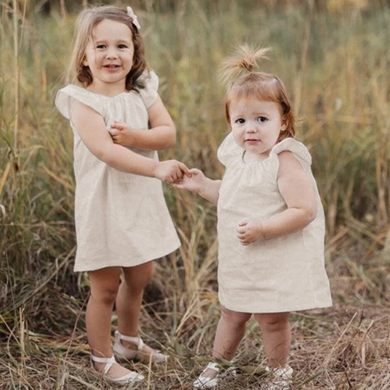 Girl Dresses Summer Linen Bamboo Fiber Blend Solid Color Cute Flying Sleeve Princess Dresses Children Clothing