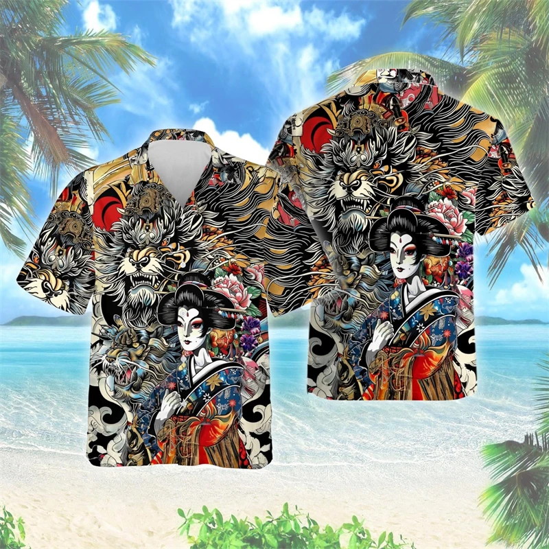 

Harajuku Samurai 3D Print Short Sleeve Shirts For Men Clothes Hawaiian Vacation Button Clothing Warrior Hip Hop Knight Women Top