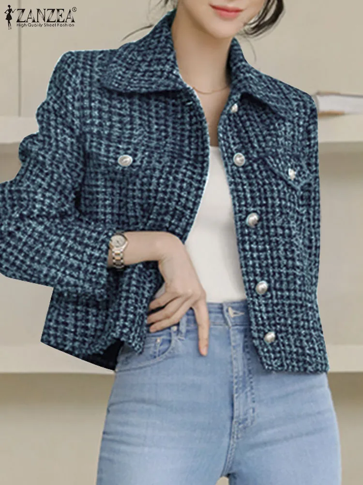 

Куртка ZANZEA приталенная с лацканами, винтажная укороченная корейская мода, твидовые пальто, осень 2023, Повседневная офисная однобортная верхняя одежда