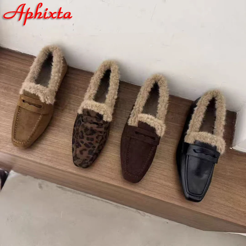 Aphixta Warm Furry Loafers Flat With Women Shoes Short Plush Slip On Sewing Leopard Pointed Toe Flats Autumn Winter