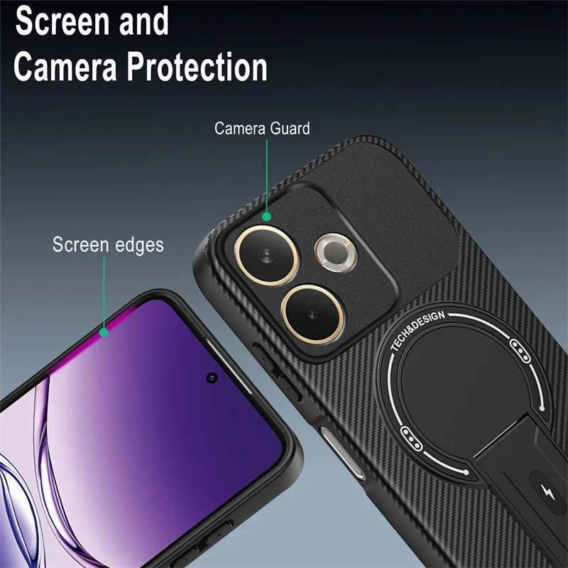 Carbon Fiber Pattern Armor Phone Case with Magnetic Wireless Charging and Foldable Stand