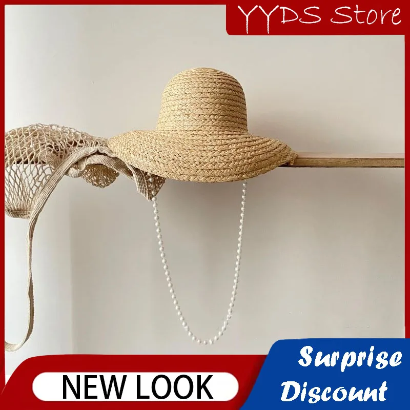 Summer Children's Hat Big Brim Pearl Chain Decoration Raffia Straw Hat Sun Protection Beach Panama Hat Travel Holiday Sun Hat