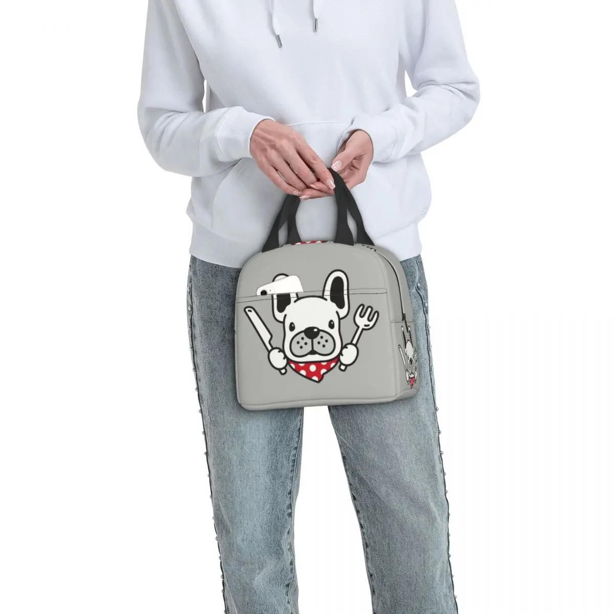 Custom Hungry French Bulldog Lunch Bag Women Thermal Cooler Insulated Lunch Box for Kids School Children