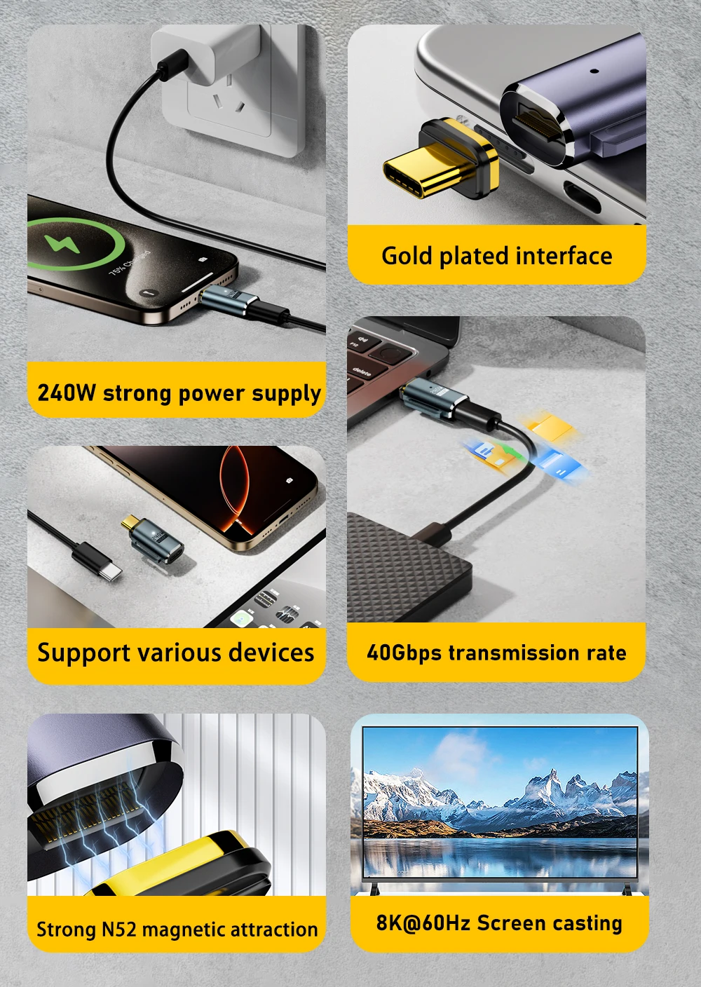 NNBILI USB4.0 Thunderbolt3/4 마그네틱 USB C-타입 C 240W 40Gbps 고속 충전 마그넷 충전 컨버터 케이블 8K@60Hz 어댑터