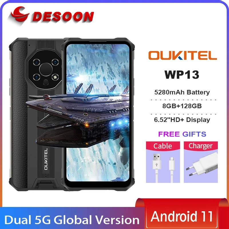 OUKITEL WP13 Global Version Dual 5G Rugged Smartphone IP68 Infrared Thermometer  8GB+128GB 6.52''HD+ 48MP 5280mAh Mobile Phone ram memory