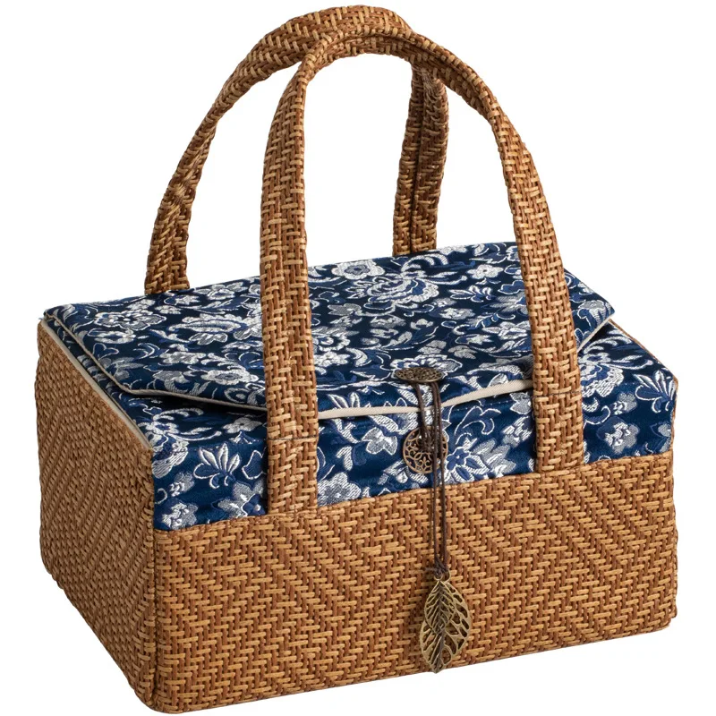 Blue Floral Rattan Tea Travel Bag Set - Portable Storage for 1 Teapot & 2/4/6 Cups, Chinese Style Tea Ceremony Organizer