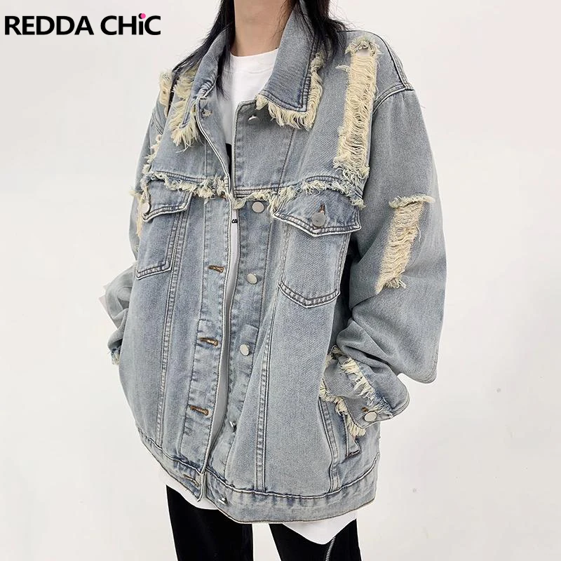 

REDDACHiC Destroyed Denim Jacket for Women Y2k Vintage Blue Raw Hem Ripped Holes Bomber Coat Oversize Outwear Korean Streetwear