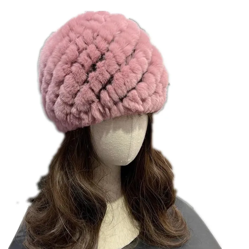Damenmütze mit echtem Rex-Kaninchenfell, flauschige warme Wintermütze, russische handgefertigte gestrickte Kopfbedeckung, Mützen – Detail 8