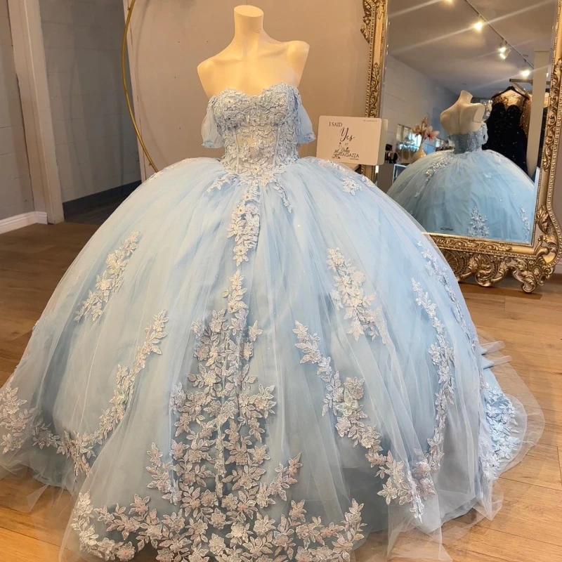 

Sky Blue Ball Gown Quincenara Dress Off The Shoulder Appliques Lace Beads Tull Corset Vestidos 15 De XV Años