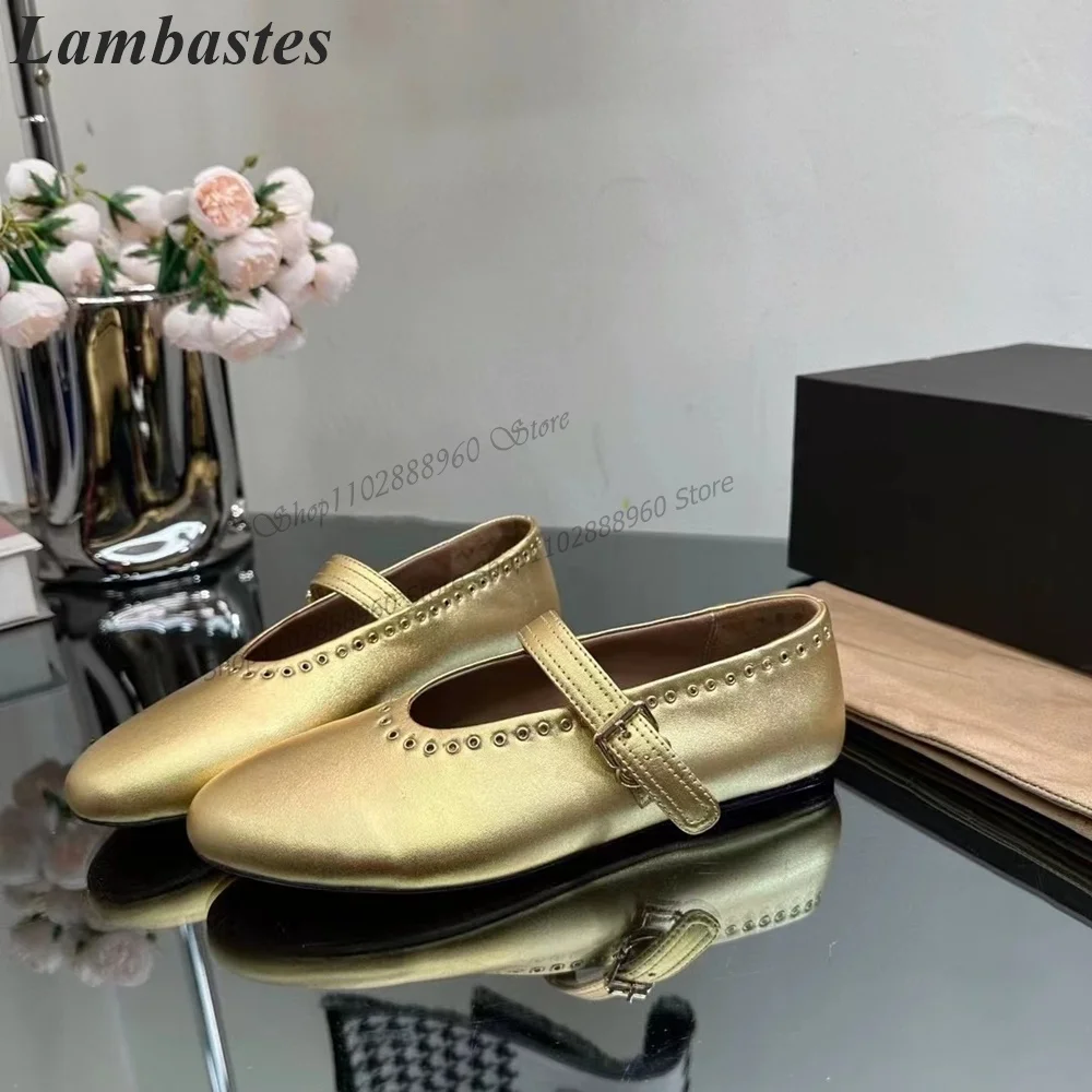 

New Golden Metallic Leather Ballet Style Pumps Flat With Women Shoes Buckle Strap Round Toe 2023 Fashionable Zapatillas Mujer