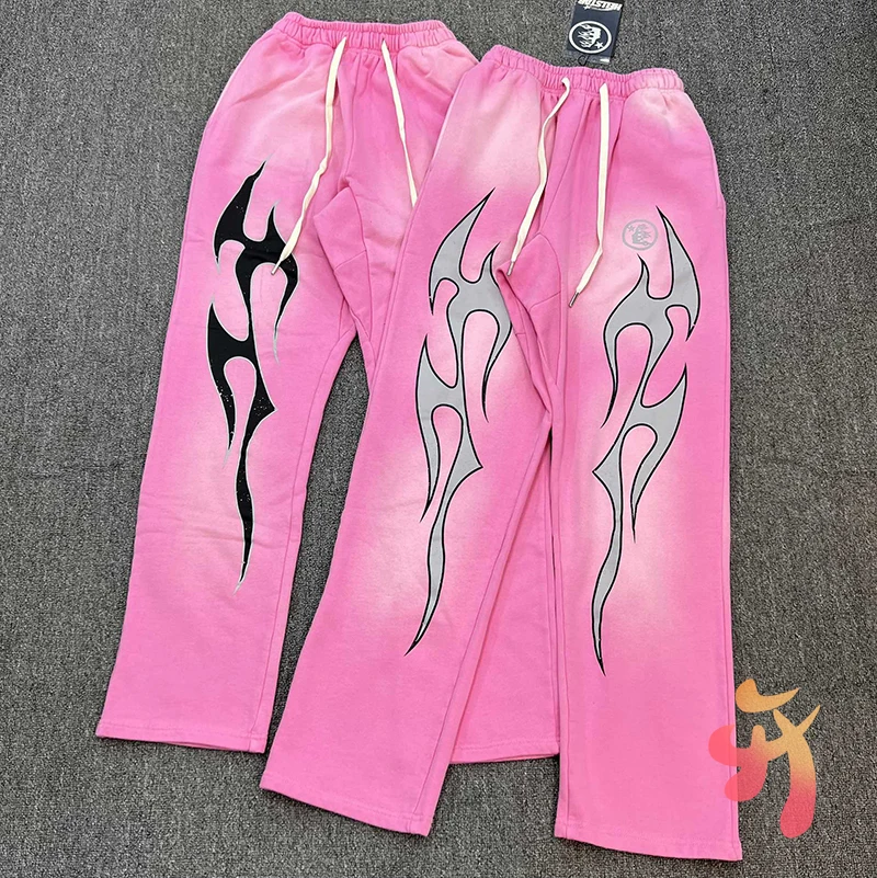 

New Pink Lightning Print Hellstar Sweatpants Classic Flame Logo Drawstring Trousers Vintage Hiphop Street Men Women Pants