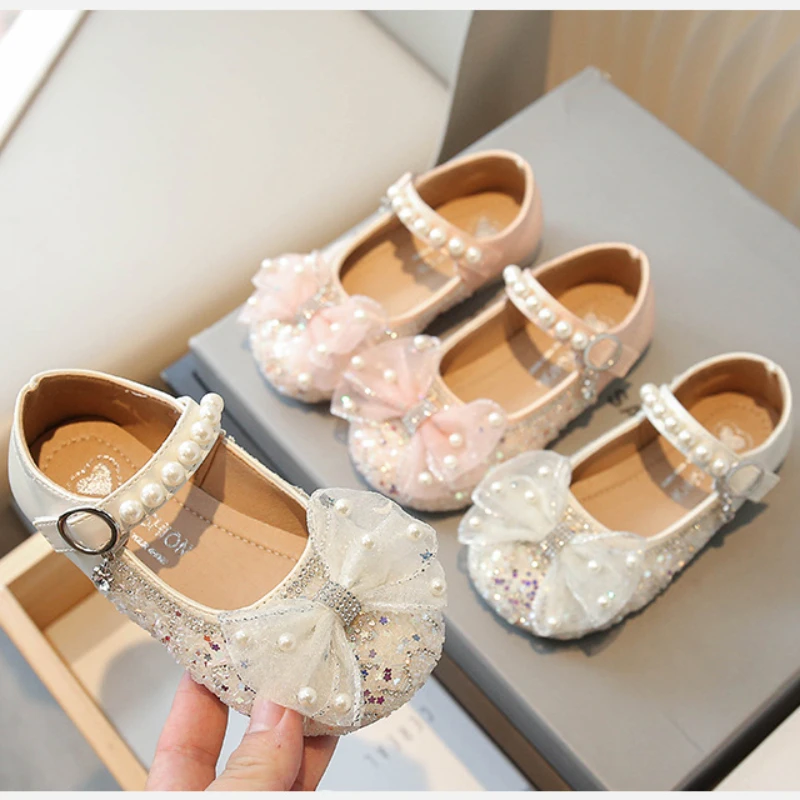 

Girl PU Leather Shoes Spring Autumn New Bow Rhinestone Princess Flats Baby Soft Sole Shiny Dance Footwear