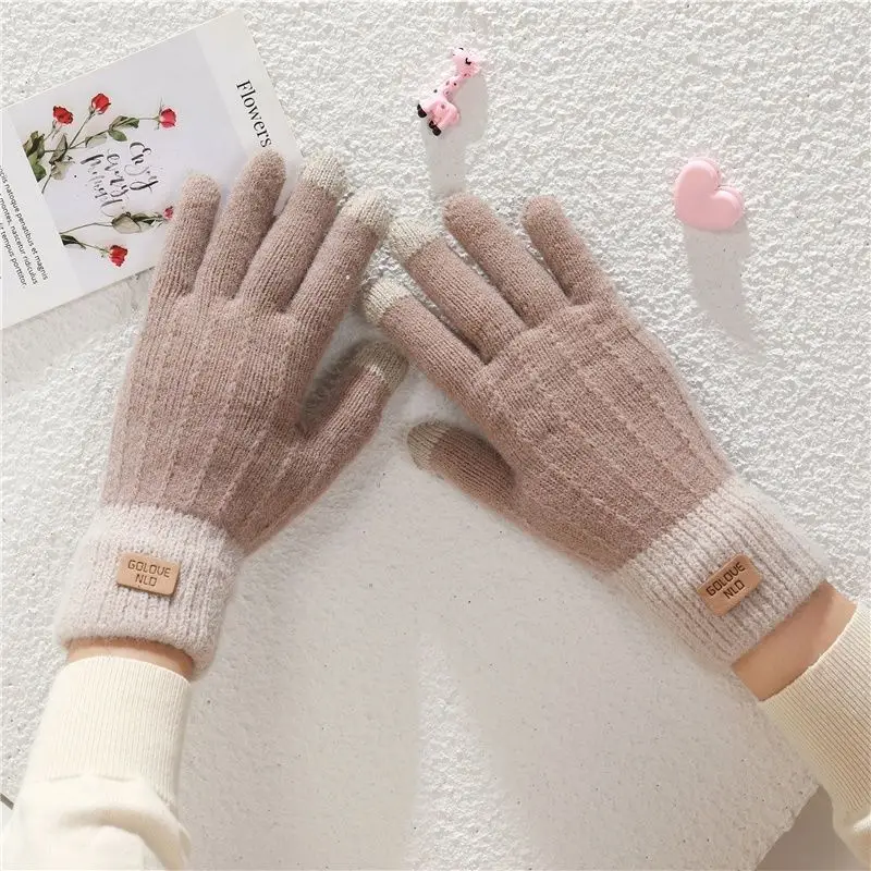 Gloves for Women In Winter Warm Imitation Cashmere Touch Screen Cute Student with Thick Velvet Knitted Five Finger Gloves - 4