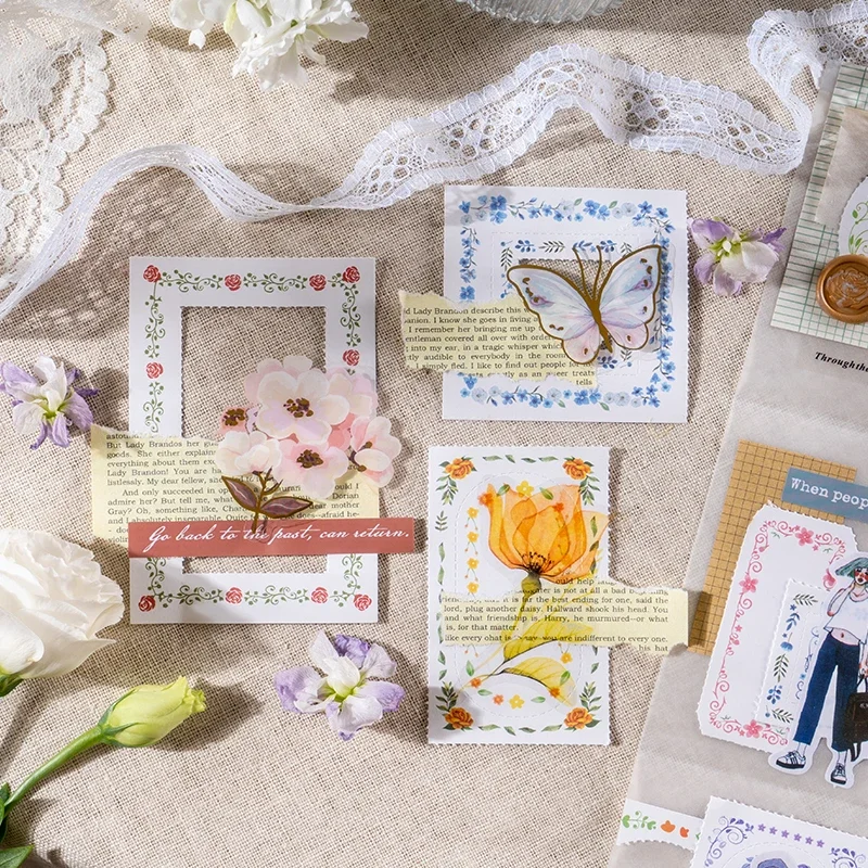 Journamm 30pcs/pack Floral Lace Memo Pad Kraft Paper Frame Materials Collage Stationery DIY Scrapbooking Creative Notes Paper 4