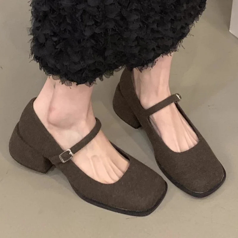 

Женские туфли с пряжкой «одно слово», Осенние однотонные туфли-лодочки с квадратным носком и платформой на массивном каблуке, 2023