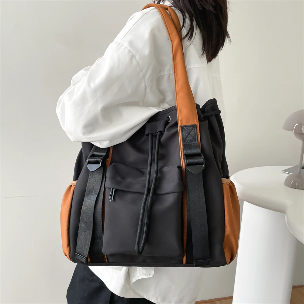 Splash-proof Nylon Fabric Shoulder Crossbody Bags For Women Multi-pocket Drawstring Tote Bag Large Capacity Student Book Handbag