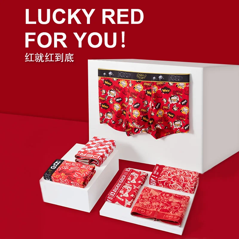 4 red printed men's cotton underwear Plus size men's boxing cotton underwear Men's sports boxing red lucky shorts