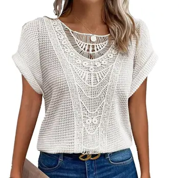 Fashion Lace Stitching T-shirt For Women's Tops Summer Casual Round Neck Office Ladies Clothes Short-sleeved Loose Tees Women 1