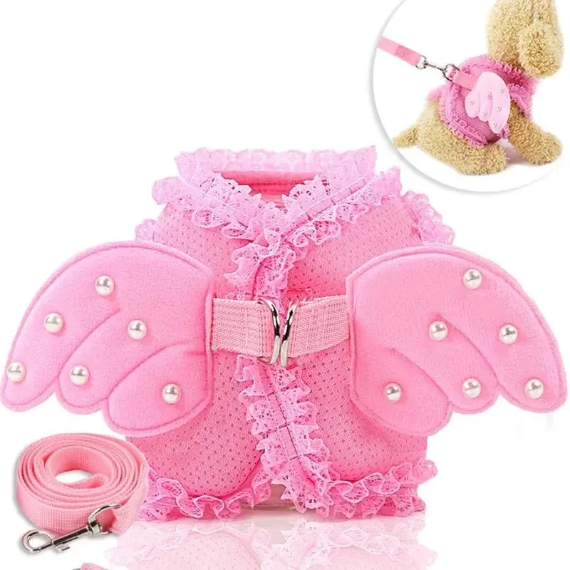 Dog Harness Angel Pet Dog Leashes Lace Mesh Pet Dog Harness Pearls Wing Adjustable For Small Dogs Cats Accessories