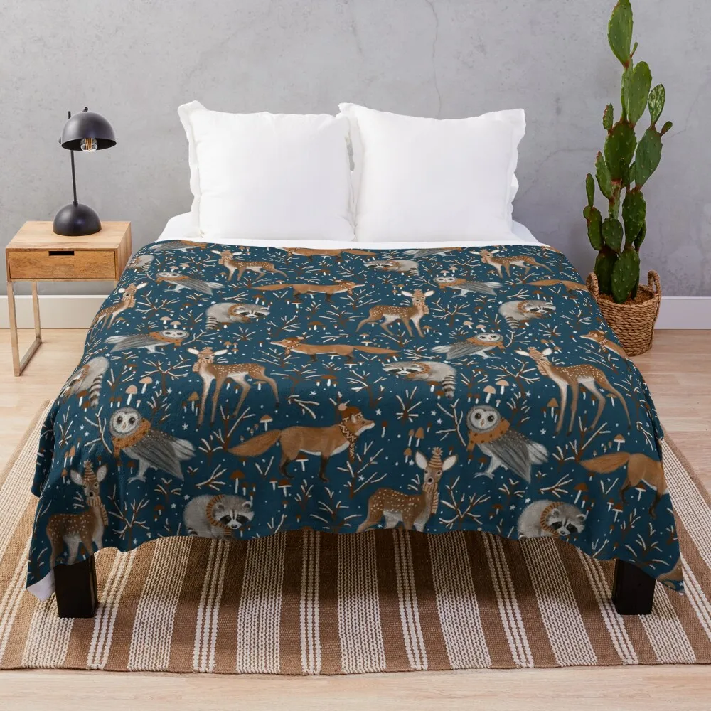 

Winter woodland - navy Throw Blanket Decorative Sofa Flannels Dorm Room Essentials Blankets