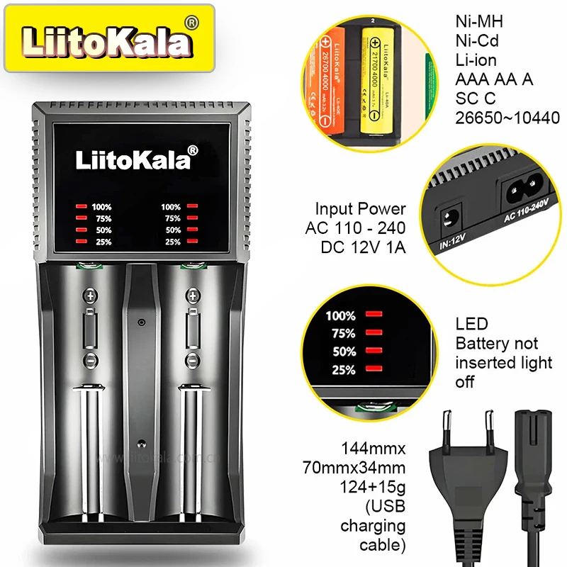 LiitoKala Lii-PL2 Dual Slot Fast Charger for Li-ion/Ni-MH/Ni-Cd 18650/AA/AAA, 2A Safe AC/DC Universal Battery Charger 1