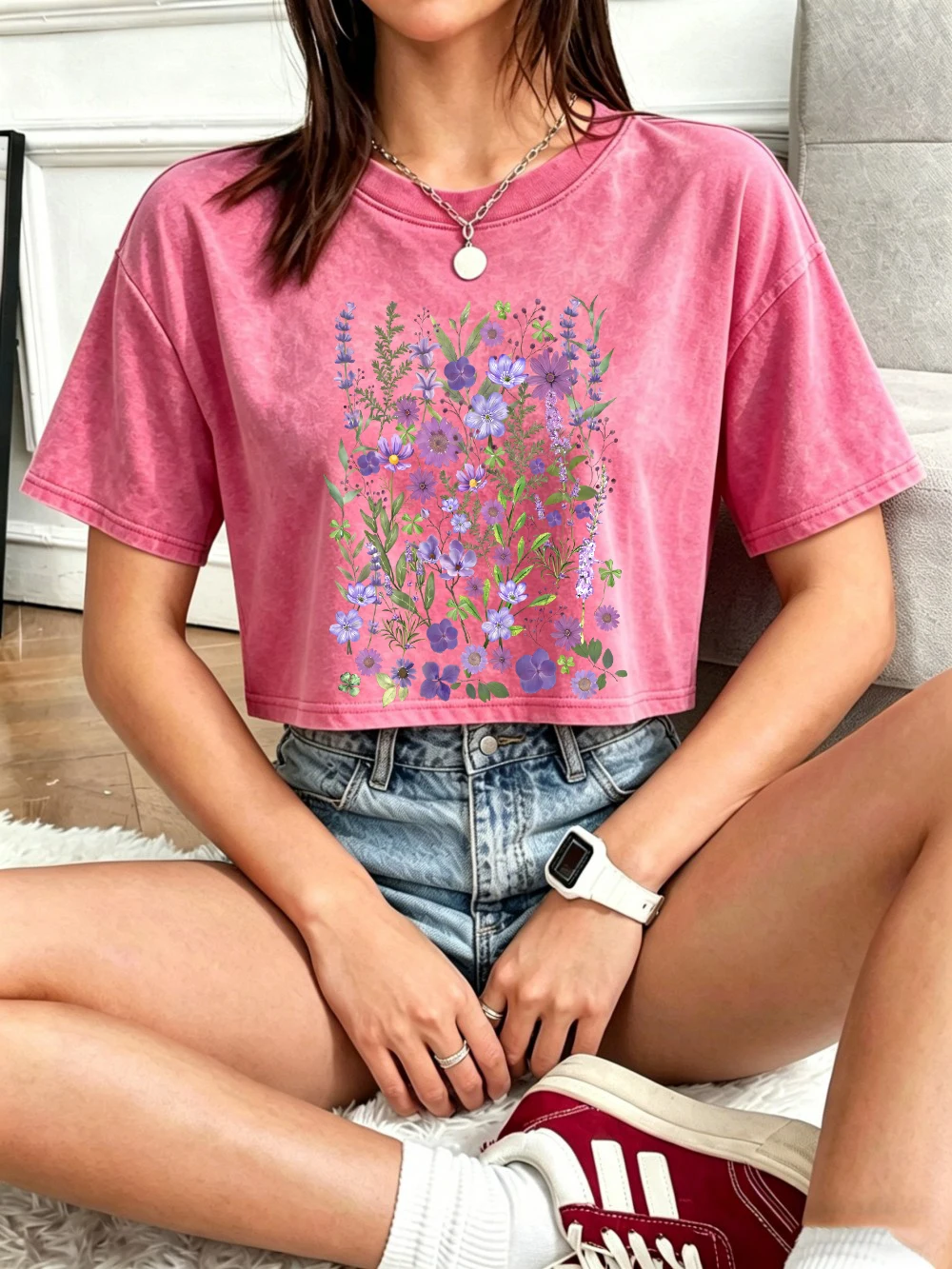 Purple Watercolor Floral Print Women's Summer Cotton Crop Top