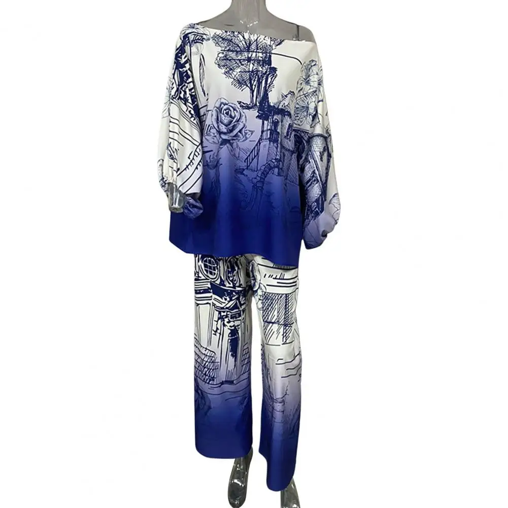 

Брюки с высокой талией, комплект из топа на одно плечо с принтом роз, брюки с широкими штанинами для женщин, мягкий брючный комплект