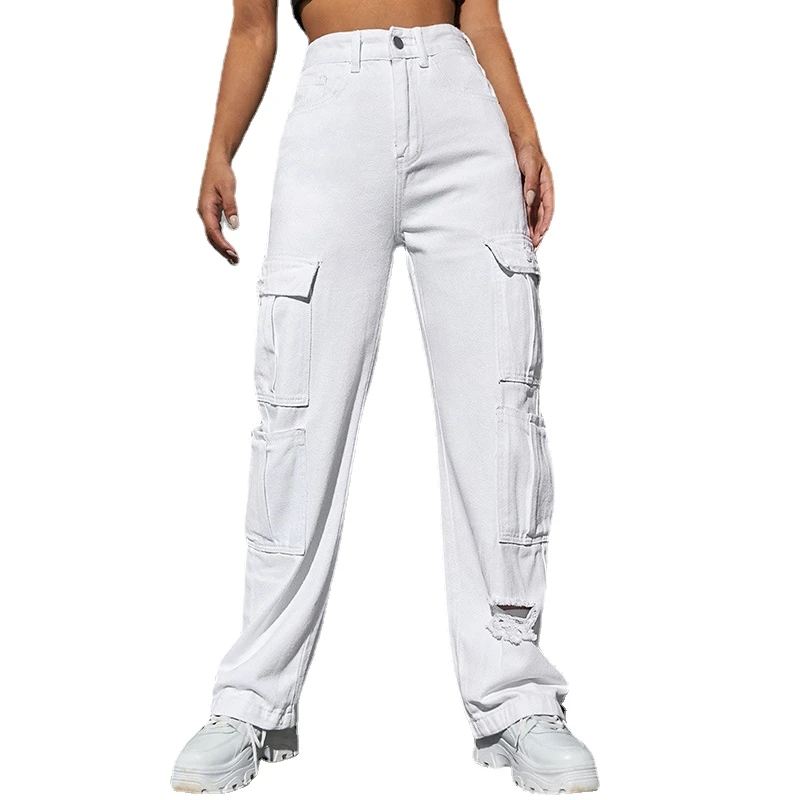 White Ripped Straight Jeans Women Spring Vintage Multi-pocket High Waisted Denim Cargo Pants Y2k Baggy Wide Leg Jeans Streetwear straight jeans
