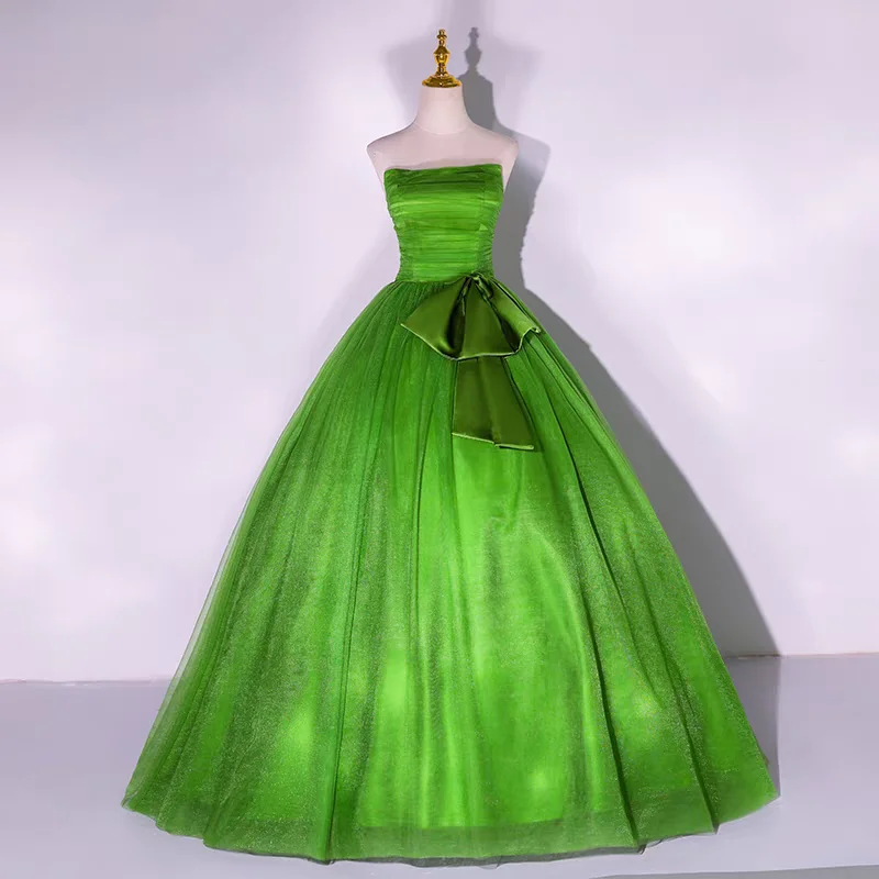 

Simple Green Pleat Strapless Evening Dress Women vestidos de noche mujer Tulle Prom Party Gown vestidos para mujer Remove Bow