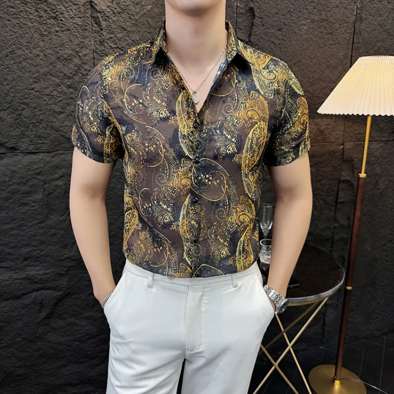 

2024 Summer Retro Printed Shirt for Men High Quality Short Sleeved Casual Shirt Male Social Banquet Nightclub Shirt Streetwear