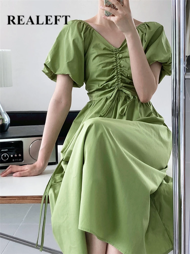 

Женское длинное платье с пышными рукавами REALEFT, Элегантное повседневное прямое платье в Корейском стиле с высокой талией, V-образным вырезом и шнуровкой, лето 2022