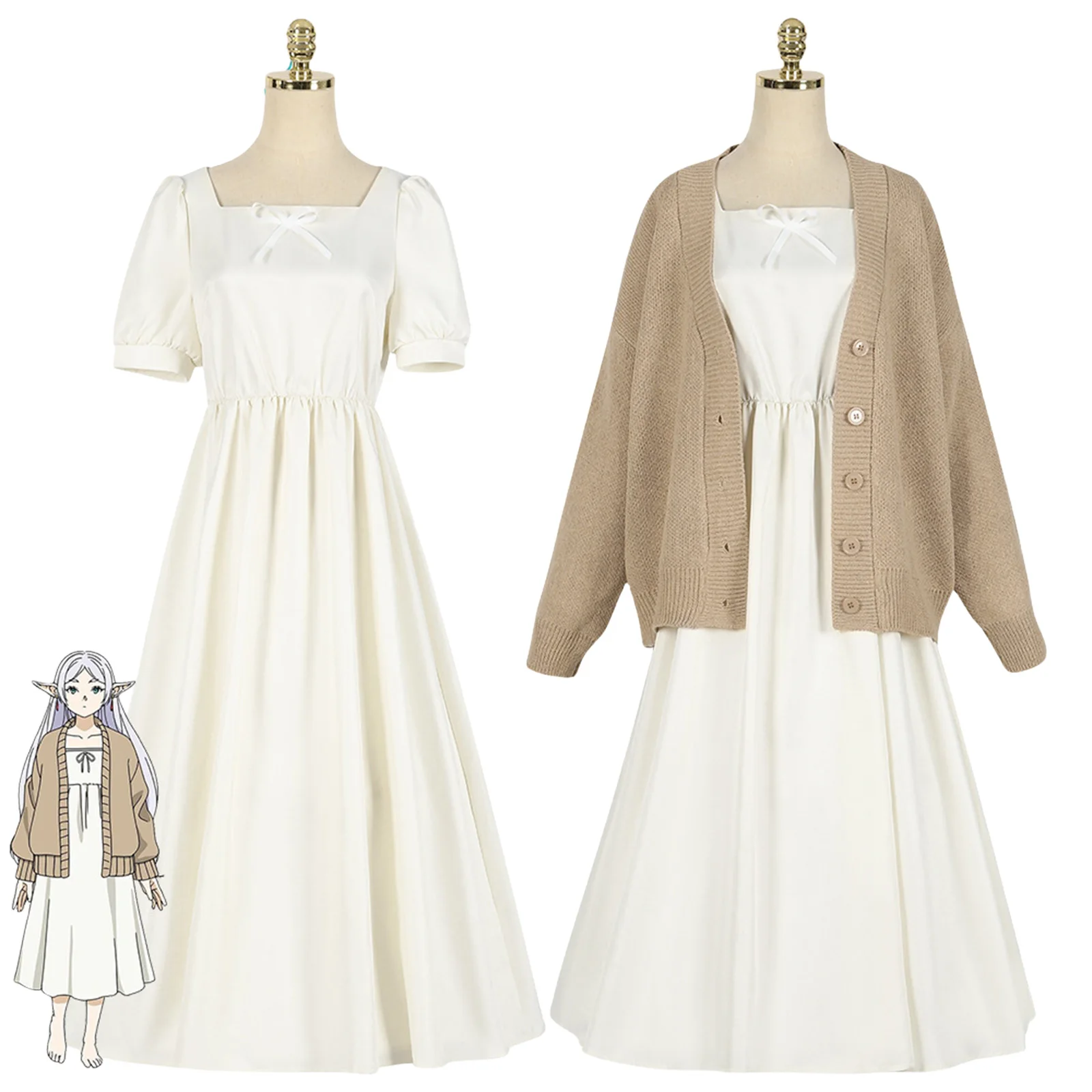 

Anime Frieren At The Funeral Halloween Cosplay Costume for Adult Women Khaki Jacket Sweater White Summer Dress Daily Outfits