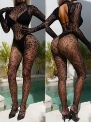 Body sexy in pizzo nero con allacciatura al collo per donna_voghion.com