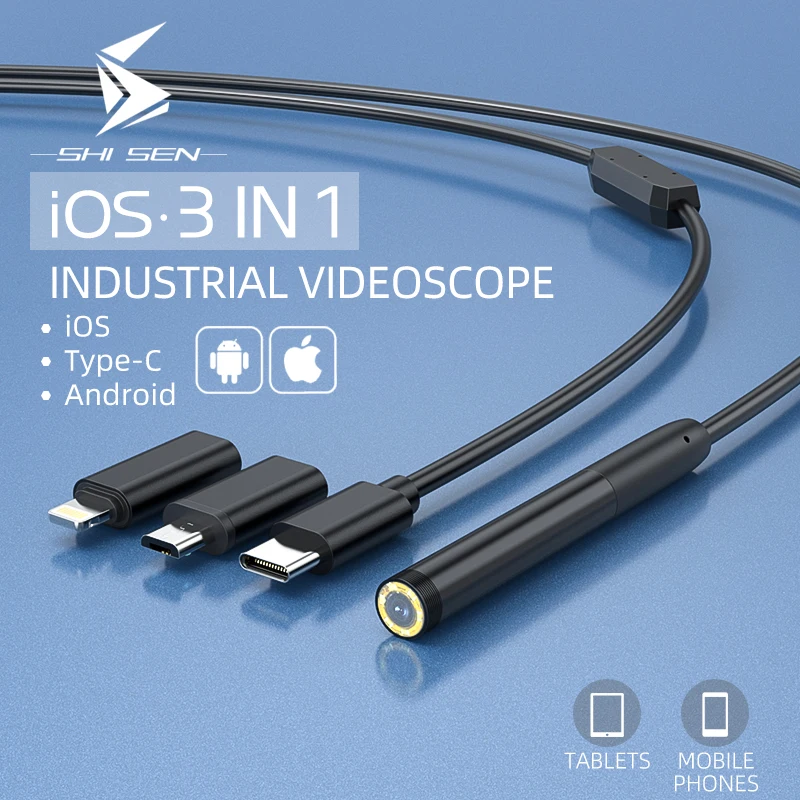 

3 in 1 Industrial Endoscope Camera Directly Connected to IOS Android/Car/Pipeline Inspection 8MM Lens 6LED IP67 Waterproof