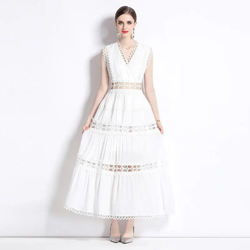 

#2464 Black White Tank Top Dress Women V-neck Hollow Out Sexy Sleeveless High Waisted A-line Dress Female Split Joint Ruffles