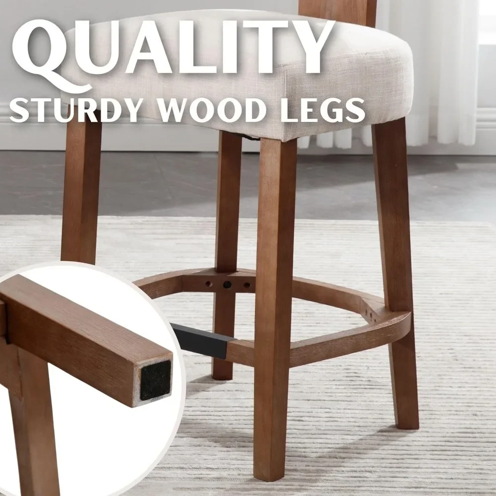 26&rdquo; Set of 2 Modern Kitchen Bar Stools with Back and Solid Wood Legs, Farmhouse Upholstered Island Stools Countertop Bar Chairs