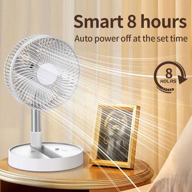 Ventilatore portatile pieghevole USB con 8 pollici, 4 velocità e temporizzazione, mini ventilatore da pavimento a batteria per camera da letto, interno o esterno, ventilatore da tavolo 5