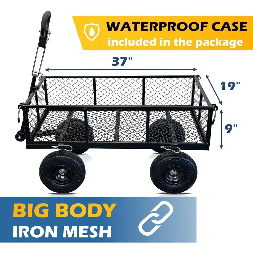 Heavy Duty 660 lbs Capacity Mesh Steel Garden Cart, Folding Utility Wagon with Removable Sides, Rubber Wheels, and Waterproof