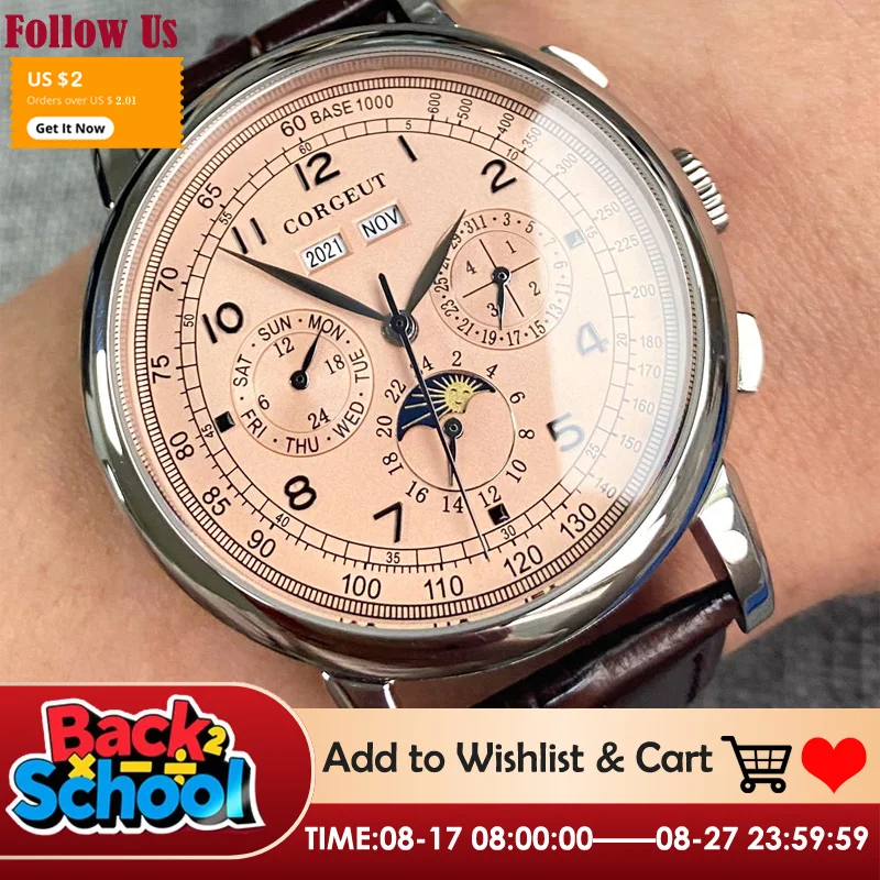 Corgeut 42mm Automatic Men's Watch Date Day Month Year Salmon Dial Multifunction 316L Leather Strap Polished Case Day Night Mechanical Watch