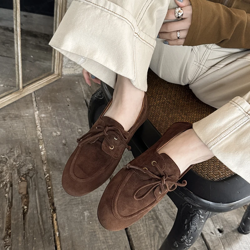 Women Pumps Low Heels Round Toe Lace Up Sheep Suede Quality Shoes Woman Retro Lace-Up Office Lady Working Spring Summer 2025 New 5