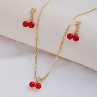New Fashion Red Cherry Pendant Necklace Earrings, Women's Personalized Jewelry Set Holiday Party Accessories Gifts 2pcs/set - Image 5