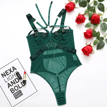 JSY Sexy Bodysuit Lace Lingerie Green Transparent Women's Underwear Bondage Open Crotch Teddy Erotic Lingerie Porno Costumes 6
